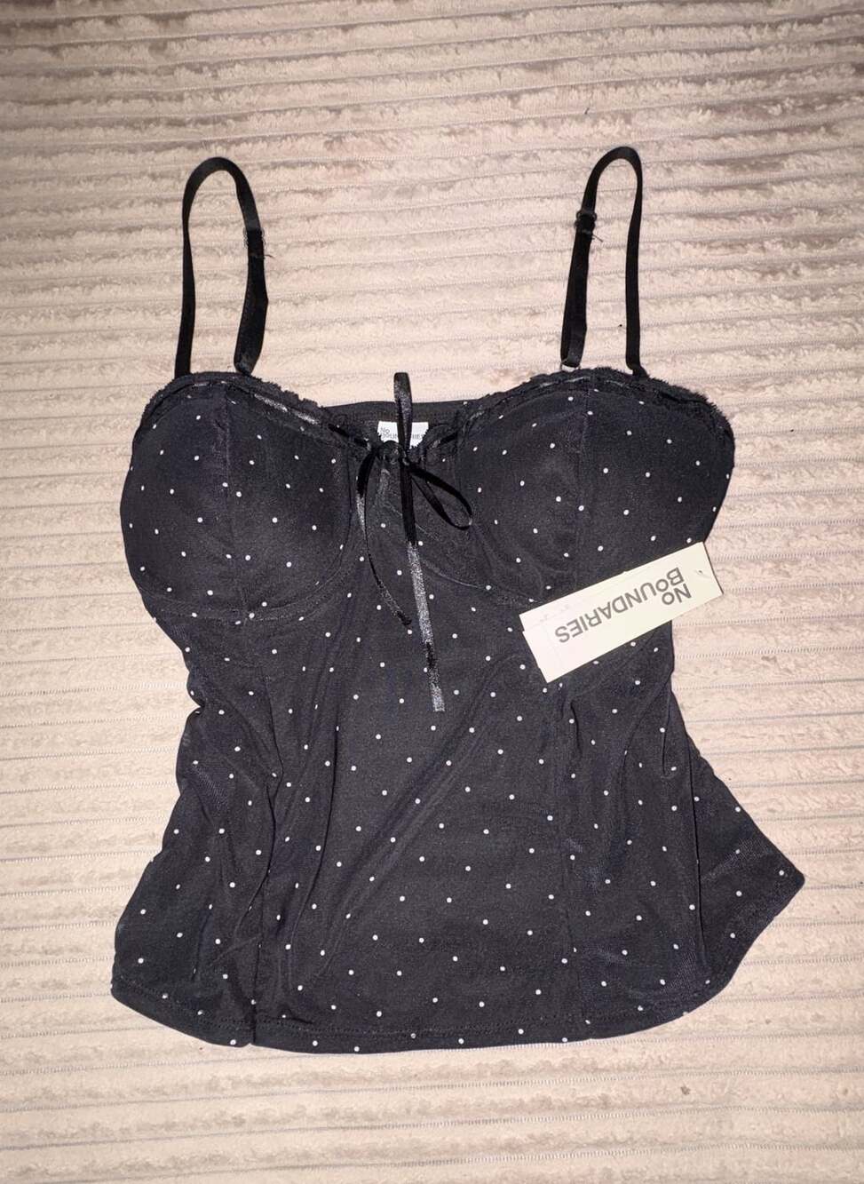 No Boundaries Lace Trim Corset Style Top Black Polka Dot